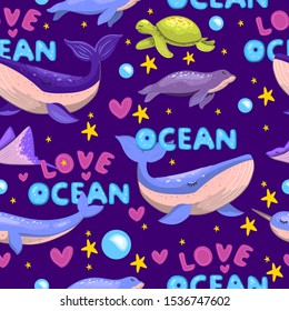 Vector hand drawn cartoon seamless pattern “Love Ocean” on dark blue background with whales, narwhals, turtles, stingrays and bubbles. For apparel, textile, wrapping paper, nursery posters.