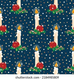 Vector hand drawn cartoon seamless pattern of a burning candle and Christmas decor