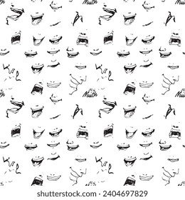 Vector hand drawn cartoon seamless pattern set art of mouth. Express various emotions through images of the mouth. Various mouth styles. Black and white pattern for paper, textile, game, web design.