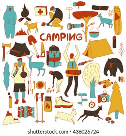 Vector hand drawn cartoon seamless camping icons. Picnic, travel and camping theme. Color camping icons. Textil, paper, polygraphy, game, web design