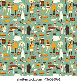 Vector hand drawn cartoon seamless camping pattern. Picnic, travel and camping theme. Retro colored camping pattern. Textil, paper, polygraphy, game, web design