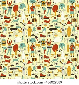 Vector hand drawn cartoon seamless camping pattern. Picnic, travel and camping theme. Retro colored camping pattern. Textil, paper, polygraphy, game, web design