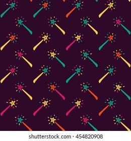 Vector hand drawn cartoon seamless pattern with magic wand. Color pattern for textile, paper, book cover, polygraphy, game, web design