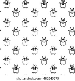 Vector hand drawn cartoon seamless pattern with monsters. Fantasy, sci-fi theme. Black and white alien pattern for paper, textile, polygraphy, game, web design