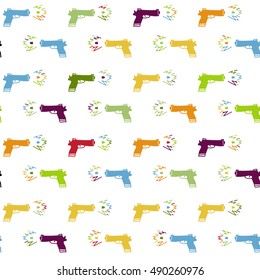 Vector hand drawn cartoon seamless pattern with gun. Murder, police, crime, violence, military theme. Colored weapon pattern for paper, textile, polygraphy, game, web design