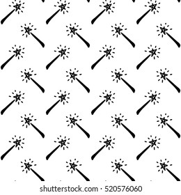 Vector hand drawn cartoon seamless pattern with magic wands. Fantasy, magic theme. Black and white magic pattern for paper, textile, polygraphy, game, web design