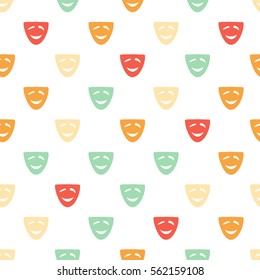 Vector hand drawn cartoon seamless pattern with comedy mask. Cinema, theater theme. Colored comedy pattern for paper, textile, polygraphy, game, web design