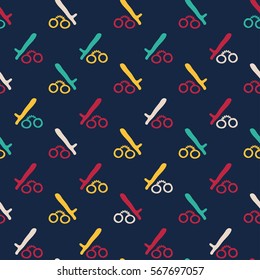 Vector hand drawn cartoon seamless pattern with handcuffs and police baton. Crime, detective, noir, police theme. Colored crime pattern for paper, textile, polygraphy, game, web design