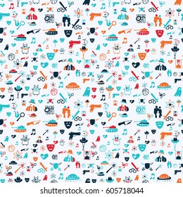 Vector hand drawn cartoon seamless pattern with cinema genres. Movie genres theme: action, romance, fantasy, sci-fi, comedy, drama. Colored pattern for paper, textile, polygraphy, game, web design