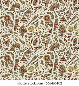 Vector hand drawn cartoon seamless pattern with tribal ethnic elements and objects