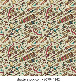 Vector hand drawn cartoon seamless pattern with tribal ethnic elements and objects