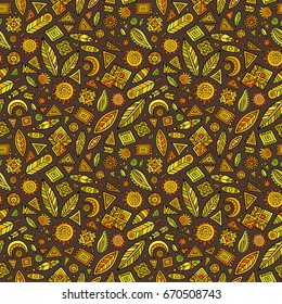 Vector hand drawn cartoon seamless pattern with tribal ethnic elements and objects