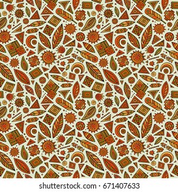 Vector hand drawn cartoon seamless pattern with tribal ethnic elements and objects