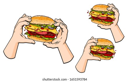 Dibujo a mano del vector ilustra las manos humanas con hamburguesa, ilustración vectorial aislada en fondo blanco