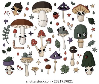 Vector hand drawn cartoon set of forest elements mushrooms leaves ladybug