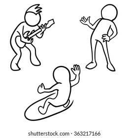 Vector hand drawn cartoon set - abstract hobby and recreation characters: guitar player, talker, surfer 