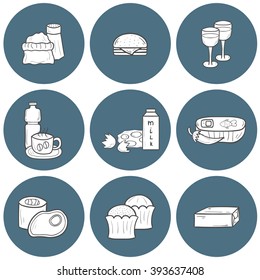 Vector hand drawn cartoon set with pregnancy prohibited food. Pregnancy nutrition concept. Pregnant diet, healthy lifestyle concept. Unhealthy pregnancy food