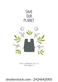 Vector Hand drawn cartoon sketch biodegradable bag, with green leaves. illustration of Environmentally friendly planet. Plastic free ecological poster. Think Green. Zero waste Concept.