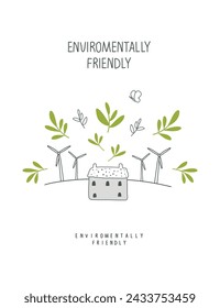 Vector Hand drawn cartoon sketch with house and wind mills. Illustration of Environmentally friendly planet. Alternative green energy concept. Sustainable lifestyle. Think Green.  