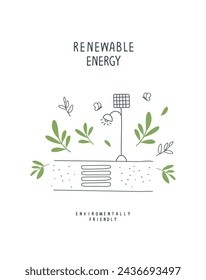Vector Hand drawn cartoon sketch of street light with solar-powered. illustration of Environmentally friendly planet. Think Green. Alternative energy concept.

