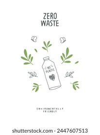 Vector hand drawn cartoon sketch of glass bottle with green leaves. Zero waste and Sustainable lifestyle. Think Green. Plastic free Ecological poster. 