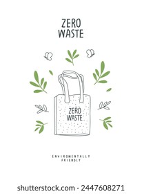 Vector hand drawn cartoon sketch of biodegradable bag with green leaves. Zero waste and Sustainable lifestyle. Think Green. Plastic free Ecological poster. 

