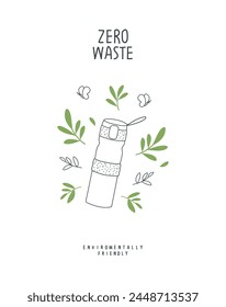 Vector hand drawn cartoon sketch of own bottle  with green leaves. Zero waste and Sustainable lifestyle. Think Green. Plastic free Ecological poster. 