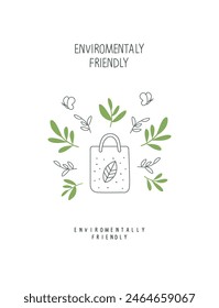 Vector hand drawn cartoon sketch of biodegradable bag with green leaves. Zero waste and Sustainable lifestyle. Think Green. Plastic free Ecological poster.