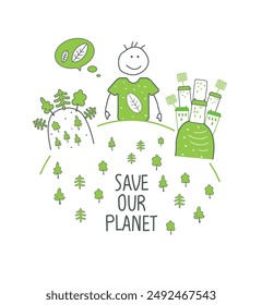Vector hand drawn cartoon sketch of environmentally conscious human with green city with alternative energy resource and green forest. Eco-friendly planet concept.Think green.
