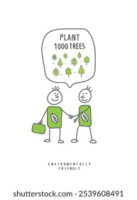 Vektor handgezeichnete Cartoon-Skizze von Zwei Männer in einem Gespräch über das Pflanzen von Bäumen.Umweltfreundliches Planeten-Konzept.Think Green. 