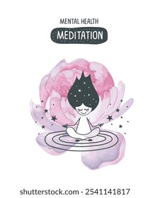 Vector hand drawn cartoon sketch of girl in pose of meditation and her hands with mudra.Ceate space of mindfulness, spirituality, awareness, balance and relaxation. Practicing meditation concept.