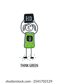 Vector hand drawn cartoon sketch of girl   supporting Environmentally friendly planet concept.Think Green. 