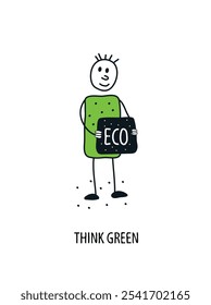 Vector hand drawn cartoon sketch of boy supporting Environmentally friendly planet concept.Think Green. 