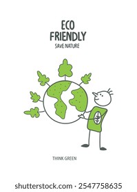 Vector hand drawn cartoon sketch of human supporting a green planet with trees Environmentally friendly planet and Earth Day concept.