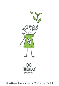 Vector hand drawn cartoon sketch of girl holding up green energy sign.Protect nature concept