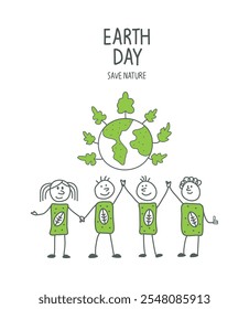 Vector hand drawn cartoon sketch of environmentally conscious humans. Volunteer people take care about planet ecology. Protect nature and ecology banner. Earth Day Concept.
