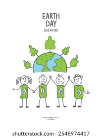 Vector dibujado a mano boceto de dibujos animados de humanos conscientes del medio ambiente. Las personas voluntarias se preocupan por la ecología del planeta. Proteger la naturaleza y el Anuncio ecológico. Concepto del Día de la Tierra.
