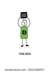 Vector hand drawn cartoon sketch of boy supporting Environmentally friendly planet concept.Think Green.