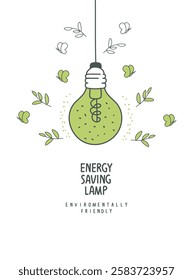 Vector hand drawn cartoon sketch of energy saving lamp. Natural resource conservation energy. Environmentally friendly planet concept illustration. Eco lamp, alternative energy sources, recycle sign