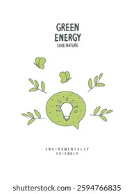 Vector hand drawn cartoon sketch of energy saving in the speach bubble. LED lamp with green leaf. Alternative green energy concept. Sustainable lifestyle.