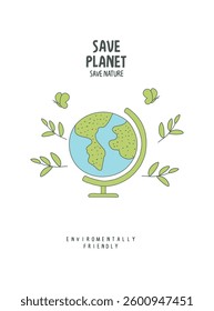Vector hand drawn cartoon sketch of globe with green leaves.  Illustration of Environmentally friendly planet.Think Green.	
