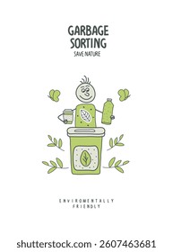 Vector hand drawn cartoon sketch of eco-conscious person sorting trash. Volunteer people take care about planet ecology. Protect nature and ecology banner. Earth Day Concept.