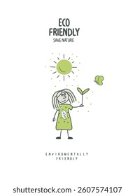 Vector hand drawn cartoon sketch sketch of a girl holding a sprout. Eco-conscious person take care about planet ecology.  Volunteer protect nature and ecology . Earth Day Concept.