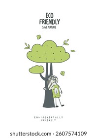 Vector hand drawn cartoon sketch sketch of a girl hugs tree. Eco-conscious person take care about planet ecology.  Volunteer protect nature and ecology . Earth Day Concept.