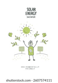 Vector hand drawn cartoon sketch sketch of eco-conscious person on the solar panel farm and take care about planet ecology.  Volunteer protect nature and ecology . Earth Day Concept.