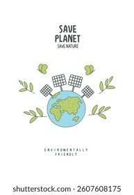 Vector hand drawn cartoon sketch of the earth with solar panels. Environmentally friendly planet concept. Think Green. Protect the World from pollution concept.	