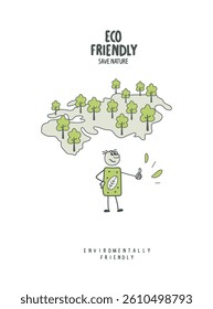Vector hand drawn cartoon sketch of human supporting a green planet. Environmentally friendly planet and Earth Day concept.	Plant more trees.
