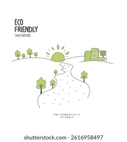 Vector hand drawn cartoon sketch of field with green trees and eco factory with solar panels as a alternative energy resourse.Environmentally friendly planet concept. 