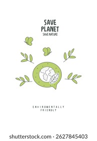 Vector hand drawn cartoon sketch of green planetin in the speach bubble. Sustainable lifestyle. Plastic free ecological poster. Zero waste Concept.