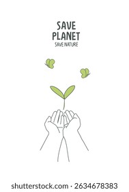 Vector hand drawn cartoon sketch of  supporting hands with green sprout. Sustainable lifestyle. Plastic free ecological poster. Zero waste Concept.
